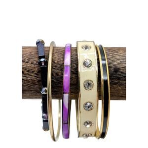 Lot of Four Purple Cream Black Theme Bangles & One Purple Stone Bead Bracelets